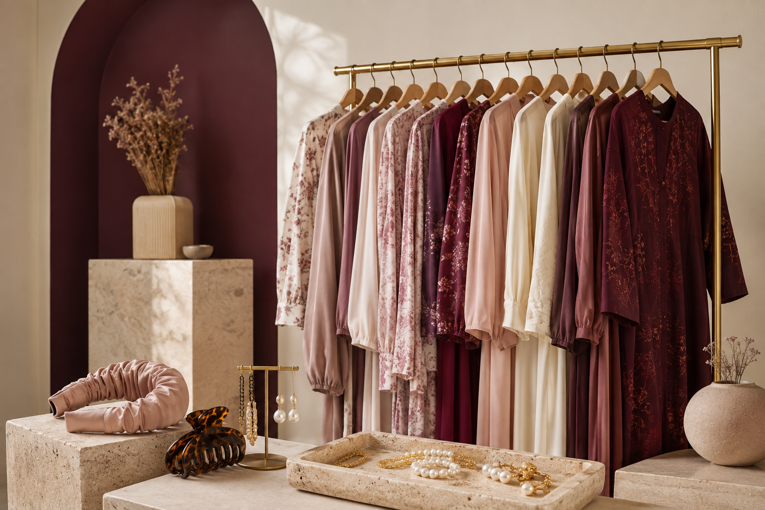 A coordinated rail of plum and blush clothing with jewellery and hair accessories